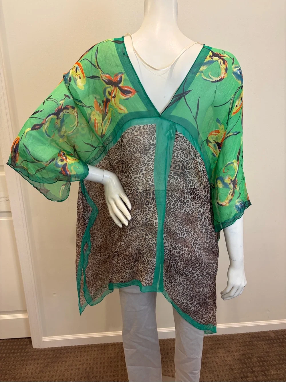 NORDSTROM 100% Silk Green Brown Cheetah Print Tropical Floral Cover Up Blouse
